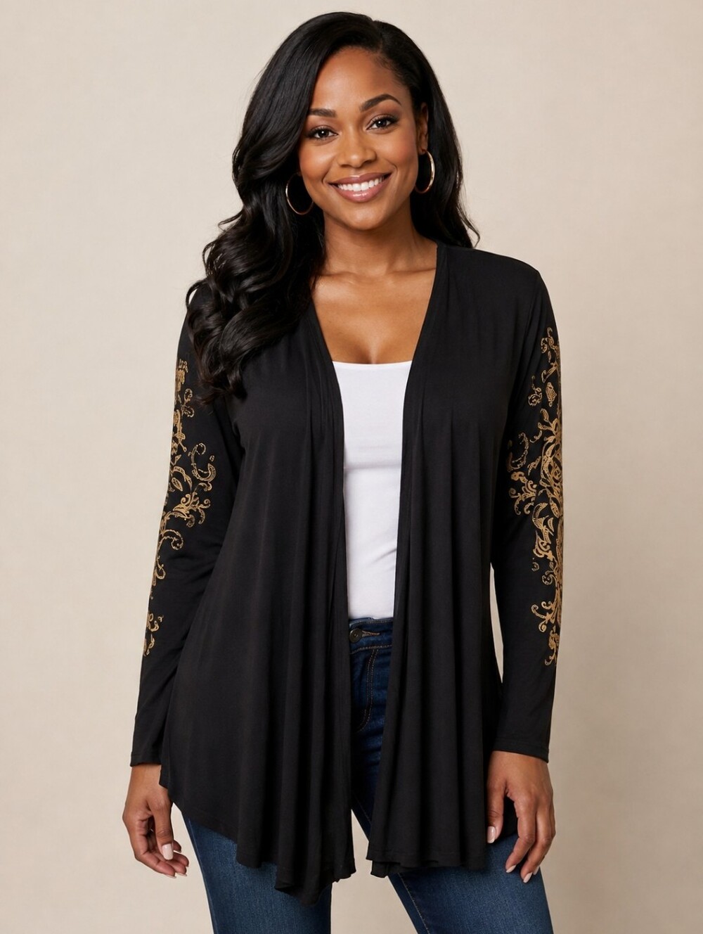 R X B Black/Gold Long Sleeve Swing-front Stretch Knit Cardigan. Size S